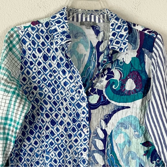 HABITAT Patchwork Button Up Shirt Blouse S Artsy Vacation Spring Boho Lagenlook - Picture 3 of 12